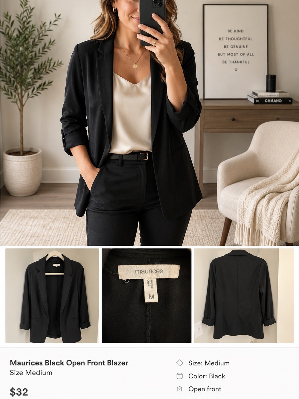 Maurices Black Open Front Blazer Medium | Ruched Sleeve Business Casual Jacket